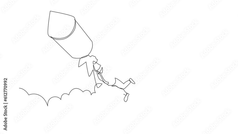 Animated self drawing of continuous line draw businessman fly on fireworks rockets while looking at business opportunities. Excited worker prepare for project launch. Full length one line animation Animated self drawing of continuous line draw businessman fly on fireworks rockets while looking at business opportunities. Excited worker prepare for project launch. Full length one line animation