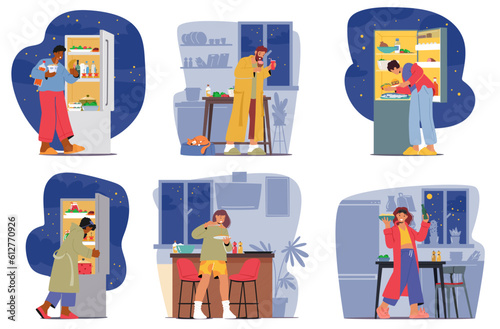 Set of Characters Eating at Night. Act Of Consuming Food During The Nighttime Hours, Late-night Snacking, Cravings