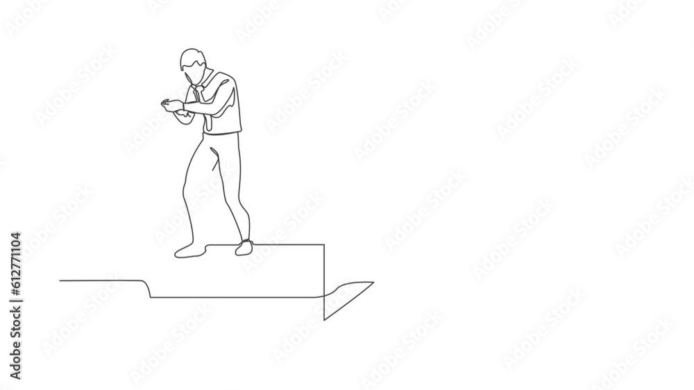 Animated self drawing of continuous line draw businessman standing on firework rocket trying to set it on fire to growth career track. Agility innovation for success. Full length single line animation