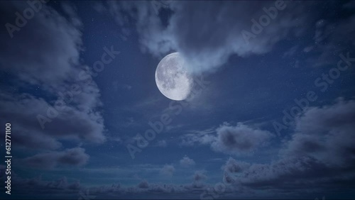 Timelapse of full moon night and starry blue sky with moving clouds. The moon on cloudy sky. Beautiful cloudscape 4k
