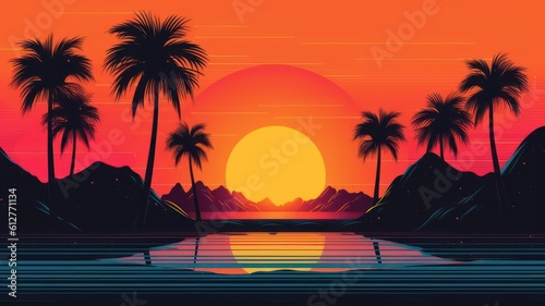 Summer vibes 80s style illustration with sunset. Generative AI © Unionproject