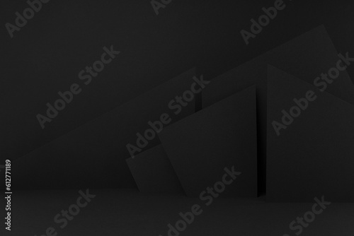 Modern dark black stage mockup with abstract geometric pattern of corners  edges and triangles as relief for presentation cosmetic products  goods  advertising  design in simple urban graphic style.