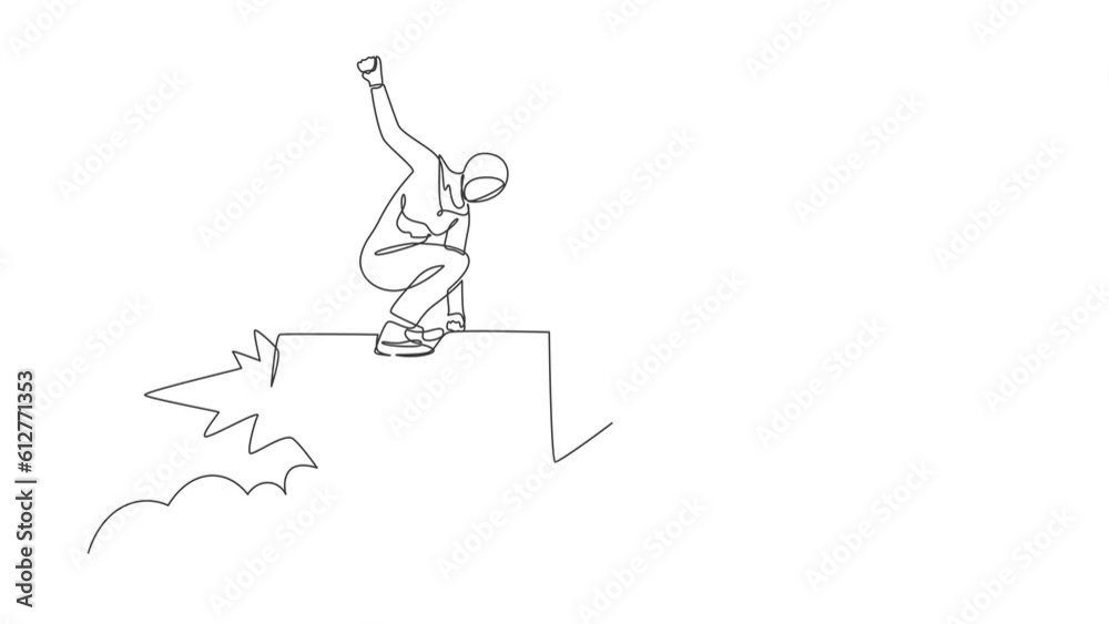 Animated self drawing of continuous line draw Arabian businesswoman standing astride a rocket and flying through the air. Successful business and motivation concept. Full length one line animation Animated self drawing of continuous line draw Arabian businesswoman standing astride a rocket and flying through the air. Successful business and motivation concept. Full length one line animation