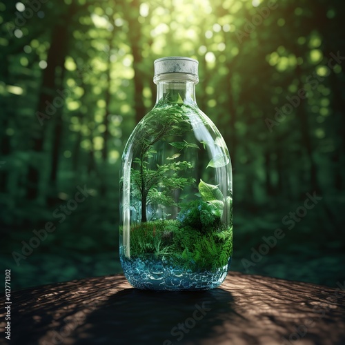 A bottle of water with a green earth forest inside, the idea is to recycle old plastic bottles, think green. 3d green bottle concept