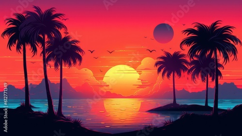 Summer vibes 80s style illustration with sunset. Generative AI