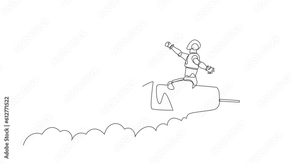 Self drawing animation of single line draw robot flying high riding ...