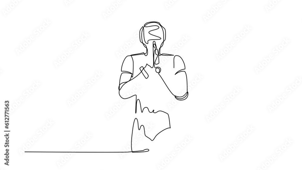 Animated self drawing of continuous line draw robot standing with holding palms in prayer. Robot emotion, body language gesture. Modern robotic artificial intelligence. Full length one line animation Animated self drawing of continuous line draw robot standing with holding palms in prayer. Robot emotion, body language gesture. Modern robotic artificial intelligence. Full length one line animation