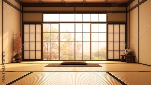 Empty traditional Japanese room with tatami mat floor, wood shoji window in sunlight for East Asian interior design decoration, architecture, lifestyle product display background 3D