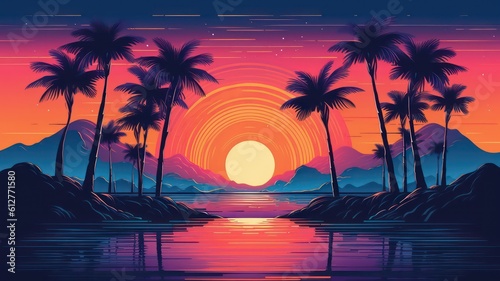 Summer vibes 80s style illustration with sunset. Generative AI © Unionproject