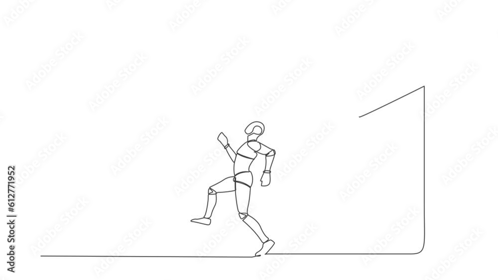 Animated self drawing of continuous line draw robot run away from stomping foot. Robot running from giant unfair business competition. Robot artificial intelligence. Full length one line animation Animated self drawing of continuous line draw robot run away from stomping foot. Robot running from giant unfair business competition. Robot artificial intelligence. Full length one line animation