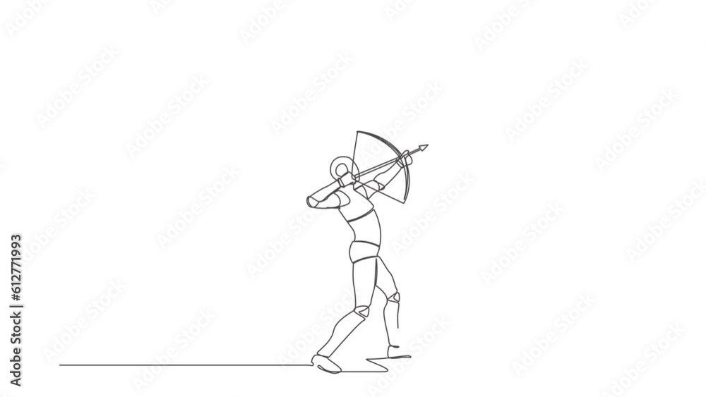 Animated self drawing of continuous line draw robot aiming bow against giant shoes stomping. Robot archering against giant foot step. Robotic artificial intelligence. Full length one line animation Animated self drawing of continuous line draw robot aiming bow against giant shoes stomping. Robot archering against giant foot step. Robotic artificial intelligence. Full length one line animation