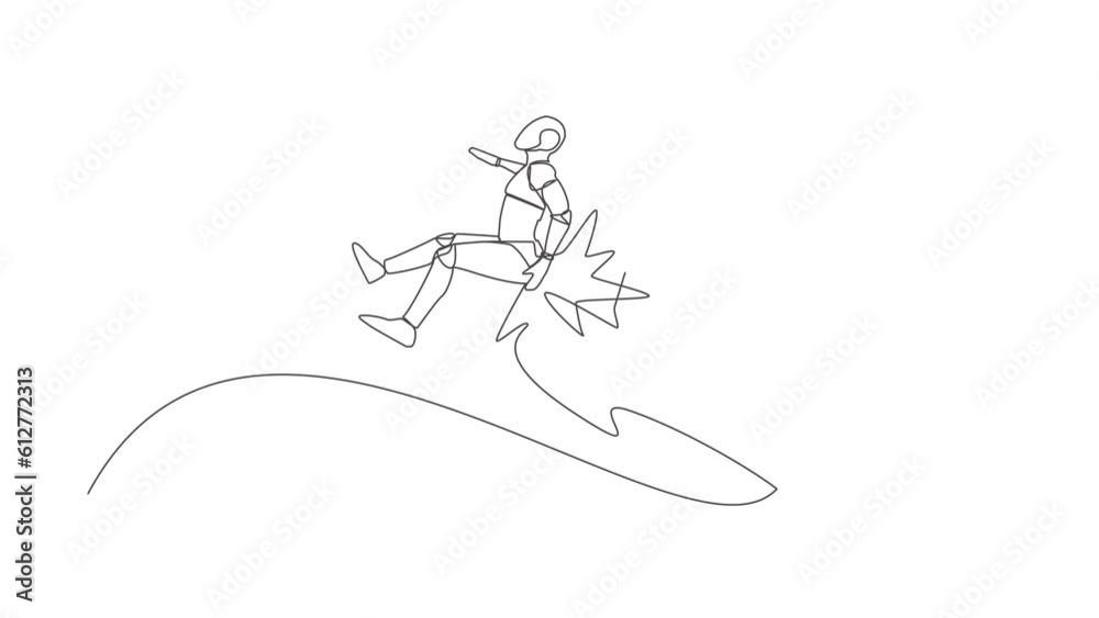 Animated self drawing of single continuous line draw robot getting fired, flying through air after being kicked in the back. Modern robotic artificial intelligence. Full length one line animation Animated self drawing of single continuous line draw robot getting fired, flying through air after being kicked in the back. Modern robotic artificial intelligence. Full length one line animation