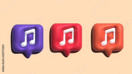 Set of musical notes message bubble in bright colors. Realistic 3d icon 