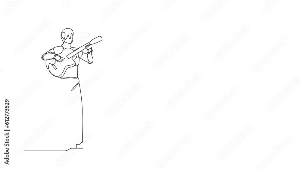 Animated self drawing of single continuous line draw robot playing acoustic guitar at musical performance. Modern robotic artificial intelligence. Electronic technology. Full length one line animation Animated self drawing of single continuous line draw robot playing acoustic guitar at musical performance. Modern robotic artificial intelligence. Electronic technology. Full length one line animation