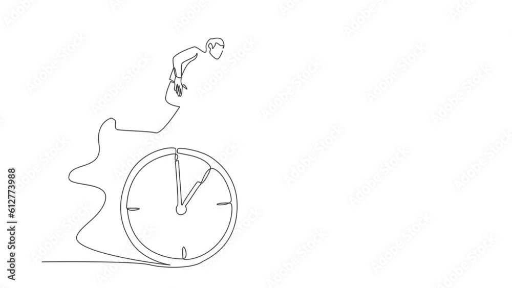 Self drawing animation of single line draw confidence businessman employee worker jump over time passing clock. Time management, success in work strategy. Continuous line draw. Full length animated