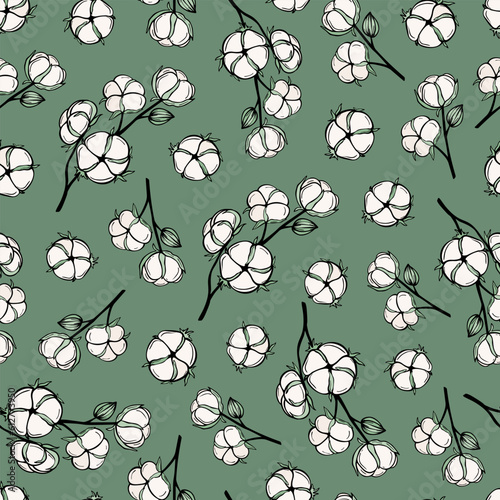 Hand drawn seamless pattern of cottons. Botanical cotton plant and branches with leaves. Decorative floral vector illustration for greeting card, invitation, wallpaper, wrapping paper, fabric