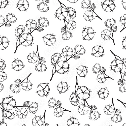 Hand drawn seamless pattern of black and white cottons. Botanical cotton plant and branches with leaves. Decorative floral vector illustration for greeting card, wallpaper, wrapping paper, fabric