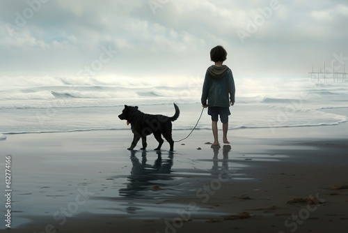 child walks with a dog on the sea coast, shot from the back