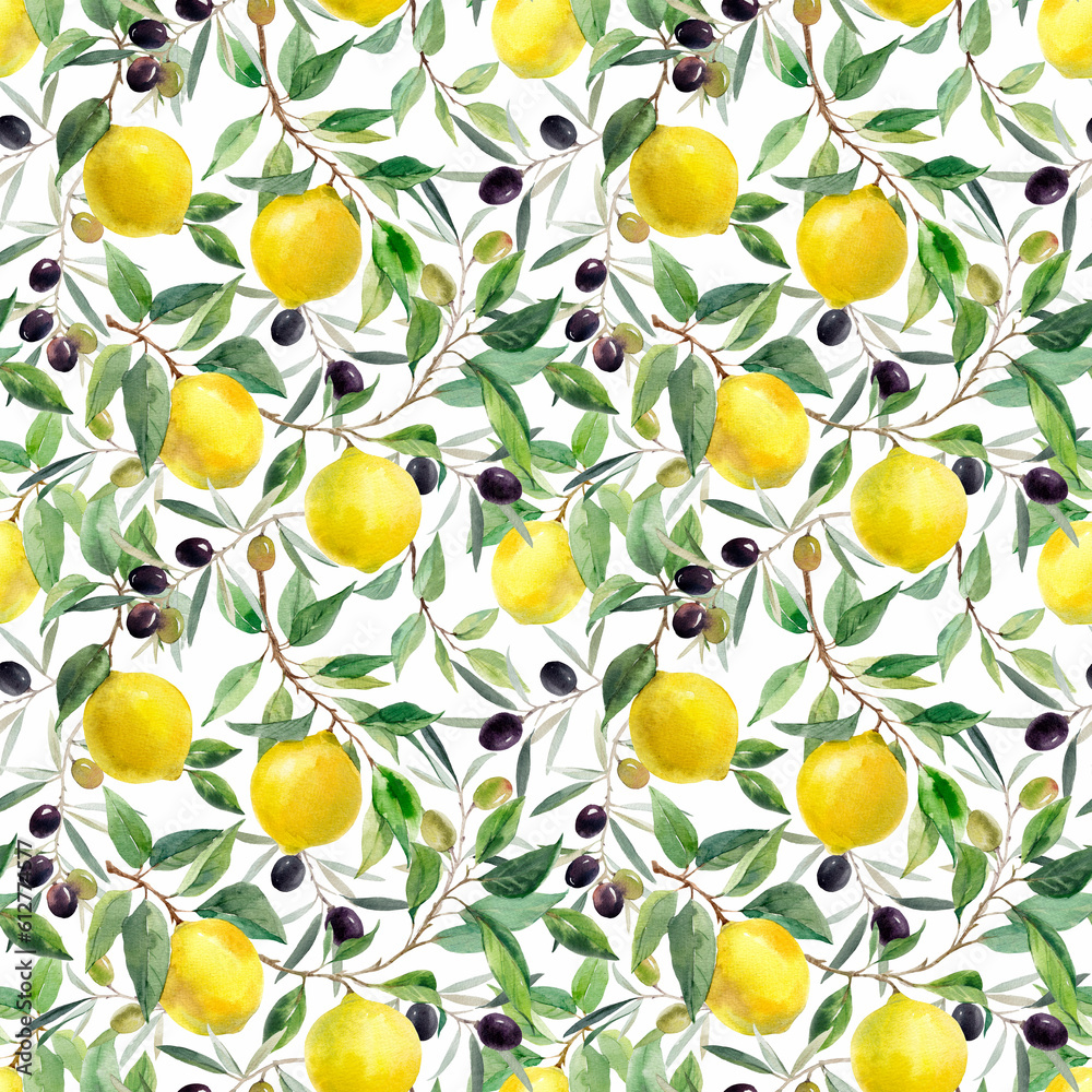 Beautiful seamless pattern with hand drawn watercolor yellow lemons on branches with leaves and black olives. Stock illustration.