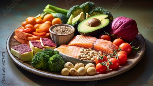 A balanced plate of food with lean proteins, whole grains, colorful vegetables, and healthy fats. AI generated photo