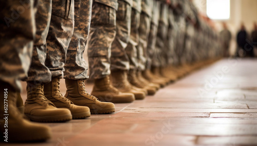 Section of soldiers legs in military uniform and boots standing in line at camp, american army