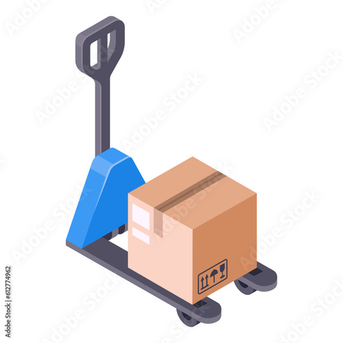 Isometric warehouse pallet jack. Hydraulic trolley with cardboard boxes. Logistic loading trolley 3d vector illustration photo