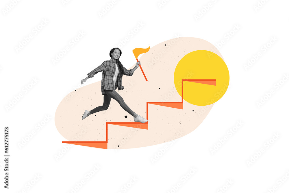 Collage of young businesswoman running climbing upstairs reach finish flag champion marathon success isolated on white color background Collage of young businesswoman running climbing upstairs reach finish flag champion marathon success isolated on white color background