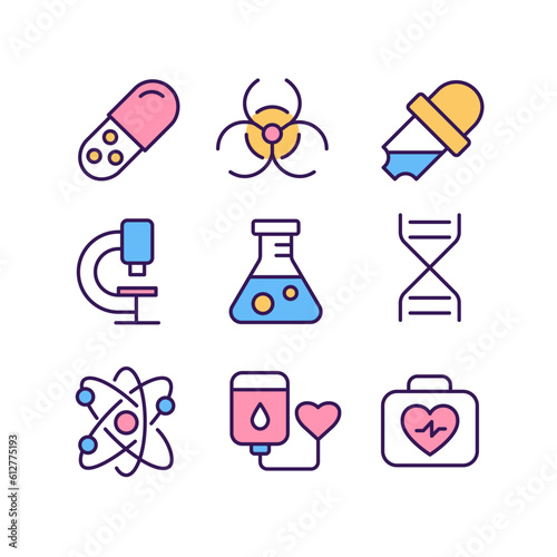 Science related pixel perfect RGB color icons set. Medicine and biology. Healthcare research. Medical tests. Isolated vector illustrations. Simple filled line drawings collection. Editable stroke