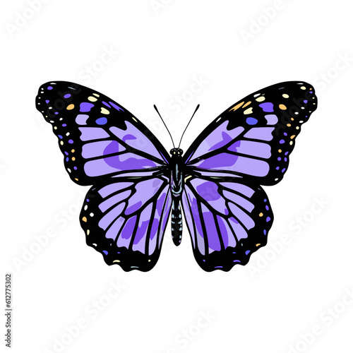 Beautiful colorful cartoon exotic vector isolated on white pastel purple butterfly with colorful wings and antennae sticker