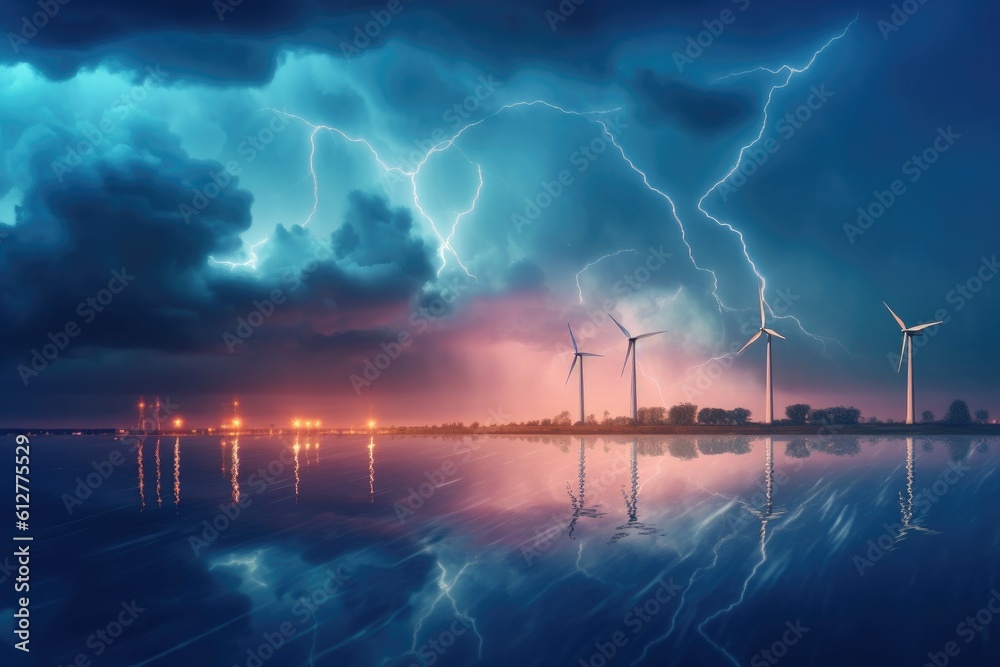 windmills to generate electricity in the water against a stormy sky