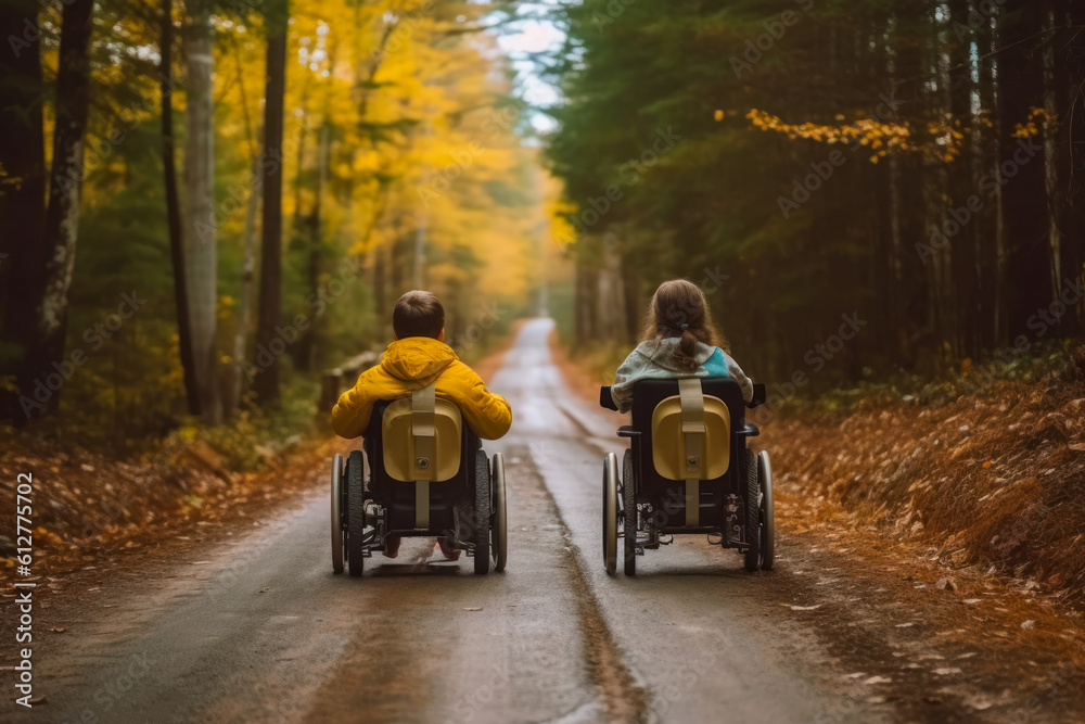 disabled children in wheelchairs ride in the autumn park generative ai