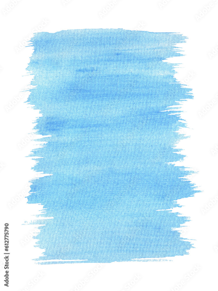 Blue watercolor background for text. A stain with a torn edge, hand-drawn with a brush. Isolated on a white background. Empty space for an inscription. Template for a postcard. Blank for design