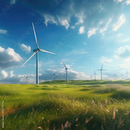windmills stand in a green field