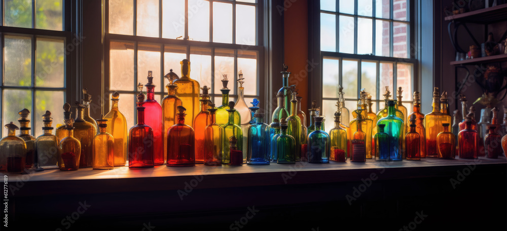 Hand made glass bottles and jars on a shelf in front of a window. early 1900s glass craft atelier or glass blowing workshop. Handmade glass containers. hand edited generative AI. 