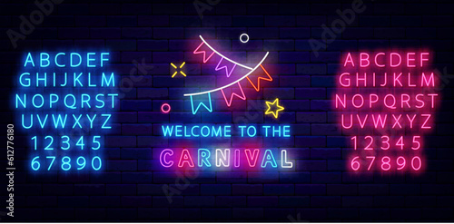 Welcome to the carnival neon signboard. Colorful handwritten text. Vector stock illustration