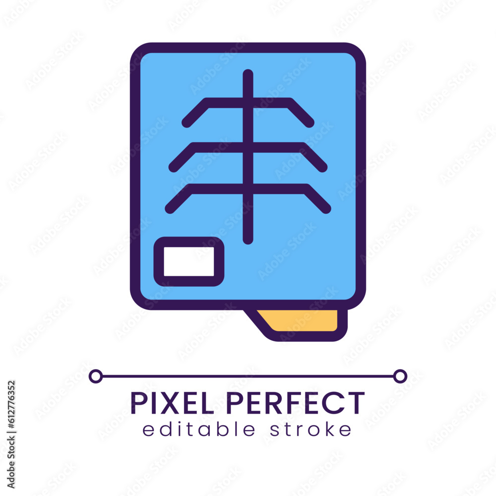 Radiography test pixel perfect RGB color icon. Radiology checkup. Fluoroscopy. Lungs medical examination. Isolated vector illustration. Simple filled line drawing. Editable stroke. Poppins font used