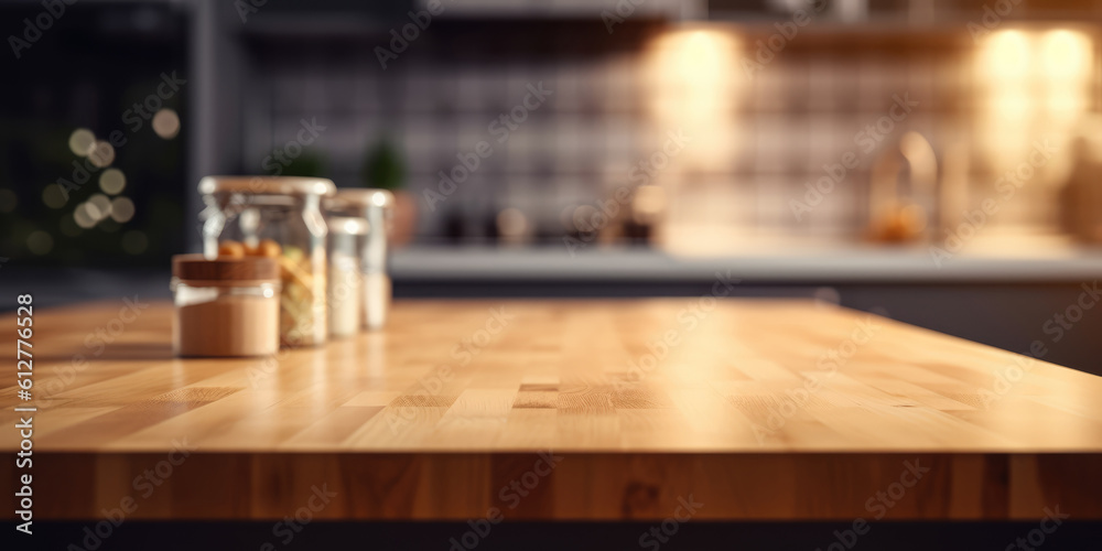 Empty tabletop and a set of spices in front of a defocused kitchen interior. Generative ai illustration