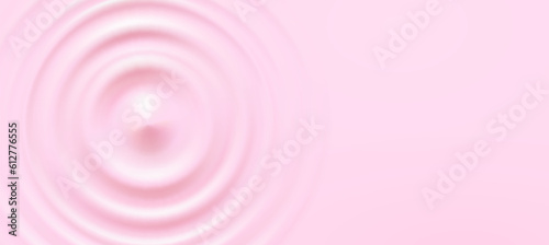 Milk beverage splash frame background. 3d yogurt wave border. Milky strawberry product package mockup. Pink sound impact effect top view. Vector circle liquid shampoo, cream or gel swirl round texture