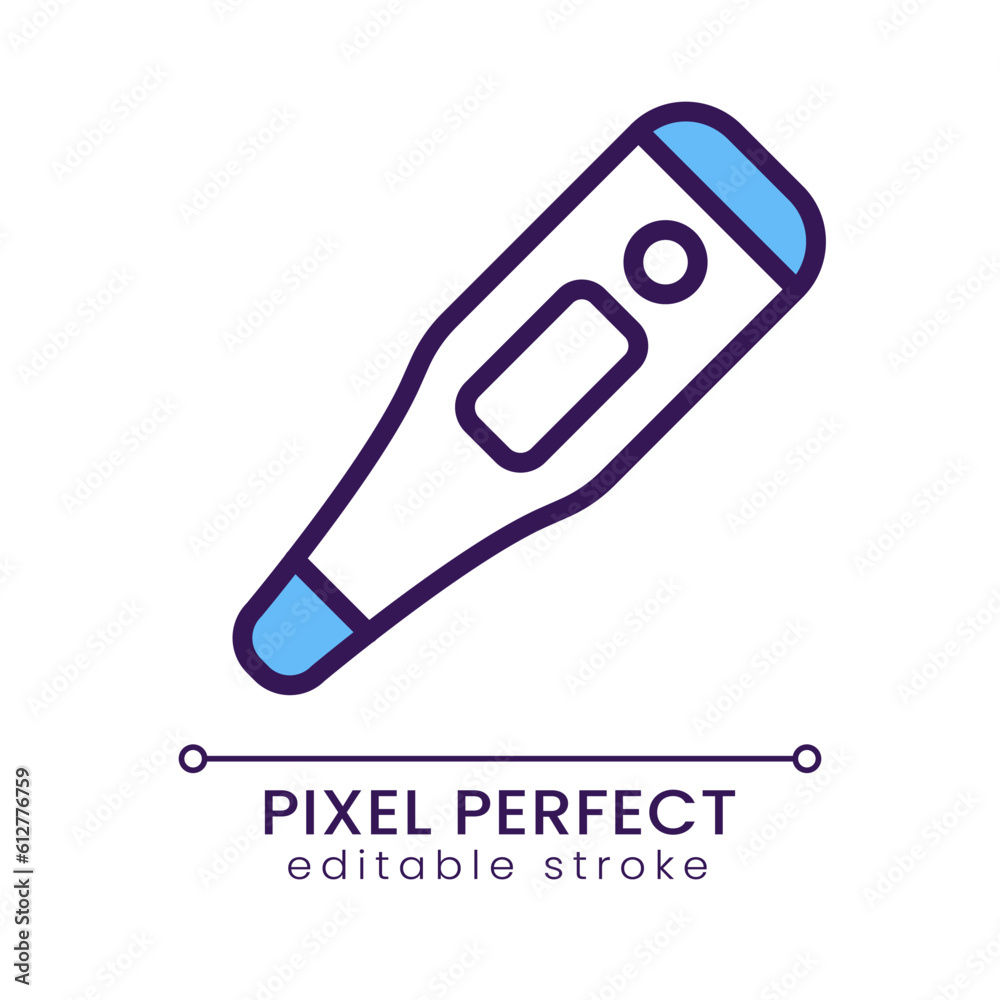 Electronic thermometer pixel perfect RGB color icon. Temperature measurement tool. Diagnostic device. Isolated vector illustration. Simple filled line drawing. Editable stroke. Poppins font used Electronic thermometer pixel perfect RGB color icon. Temperature measurement tool. Diagnostic device. Isolated vector illustration. Simple filled line drawing. Editable stroke. Poppins font used