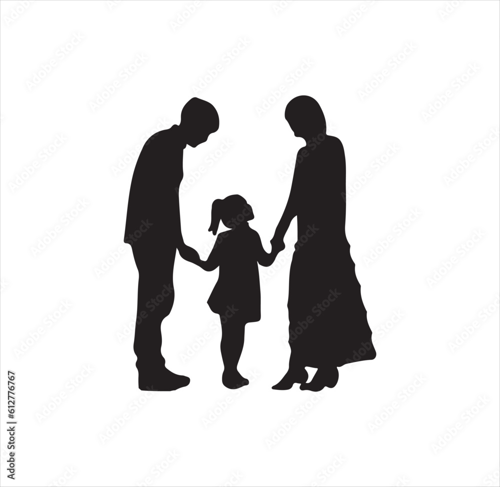 Little girl with parents silhouette vector art