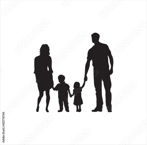 Two kids with parents silhouette vector art.