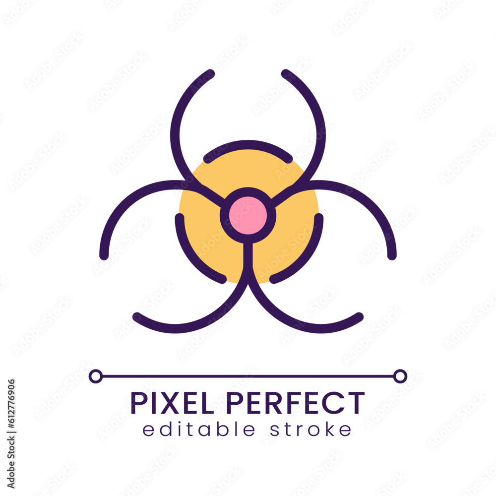 Biohazard pixel perfect RGB color icon. Warning sign. Biological threat. Medical waste. Lab caution. Isolated vector illustration. Simple filled line drawing. Editable stroke. Poppins font used Biohazard pixel perfect RGB color icon. Warning sign. Biological threat. Medical waste. Lab caution. Isolated vector illustration. Simple filled line drawing. Editable stroke. Poppins font used