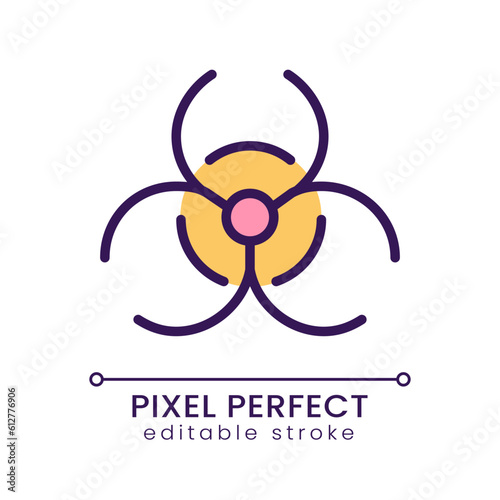 Biohazard pixel perfect RGB color icon. Warning sign. Biological threat. Medical waste. Lab caution. Isolated vector illustration. Simple filled line drawing. Editable stroke. Poppins font used