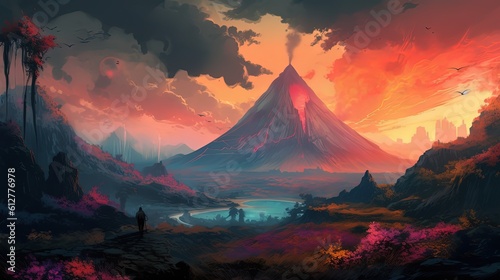  artistic illustration of erupting volcano with smoke and ash on sky , Generative Ai