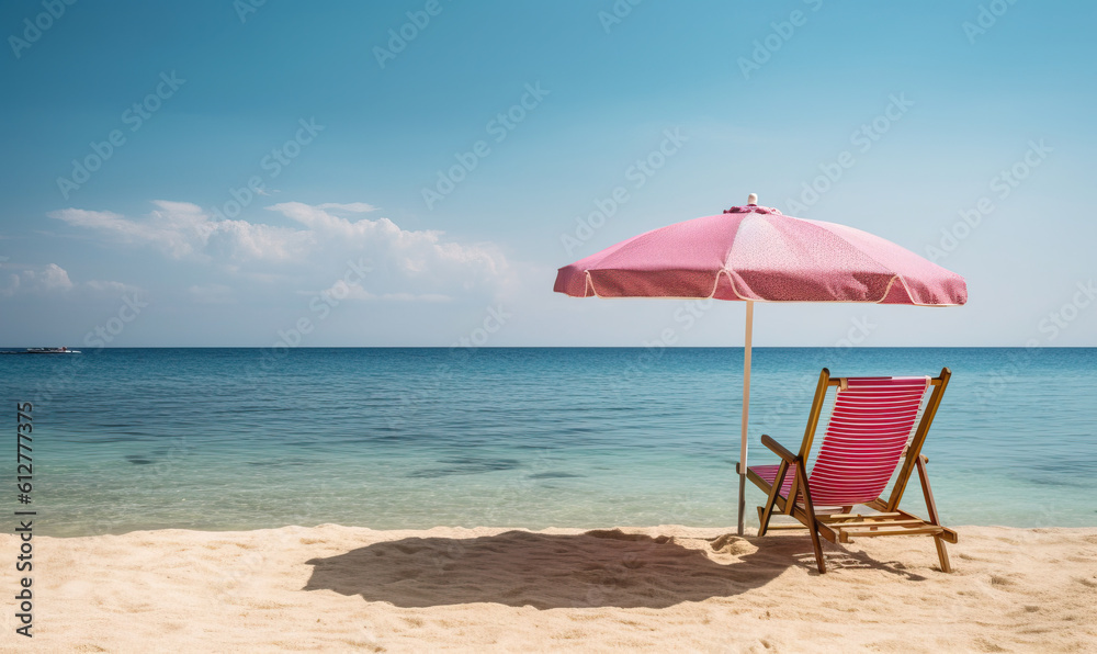 Relaxing Beach Scene: Deck Chair and Parasol on Sandy Shore. Created using generative AI tools