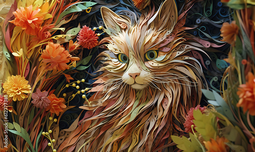 Quilled Cat Art: Beautiful Paper Panel. Created using generative AI tools