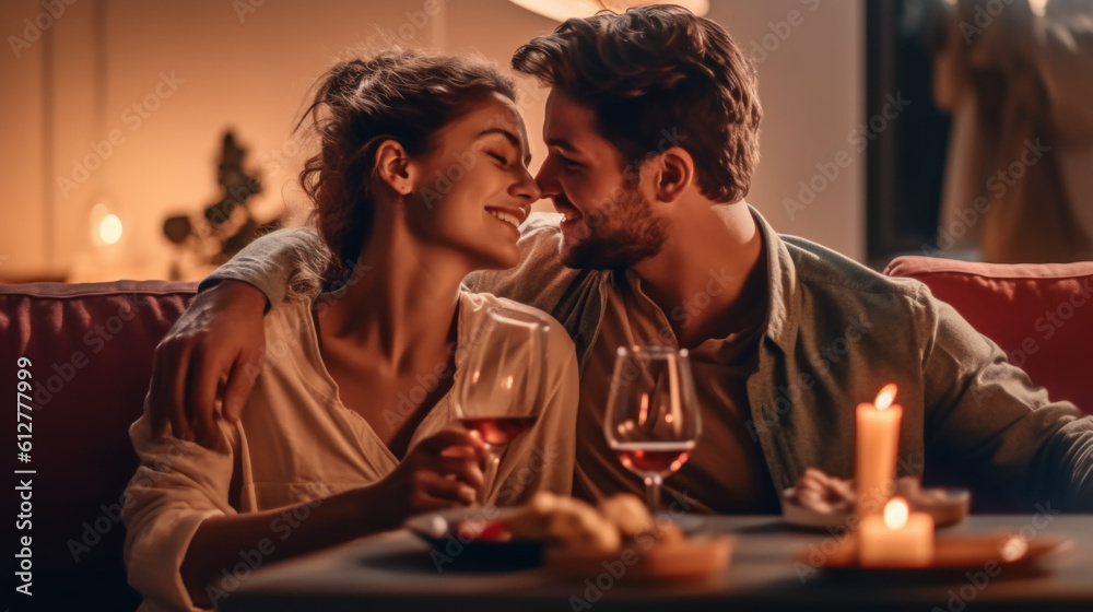 Happy young couple in love having romantic dinner date with candles sitting at table created with generative AI technology