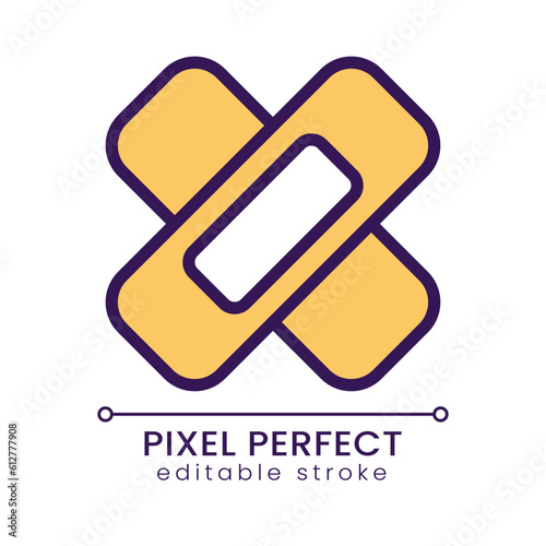 Adhesive bandage pixel perfect RGB color icon. Medical dressing. Sticking plaster. Sterile patch. Isolated vector illustration. Simple filled line drawing. Editable stroke. Poppins font used