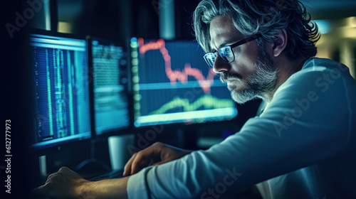 Crypto trader analyst wearing eyeglasses working looking at computer screen created with generative AI technology