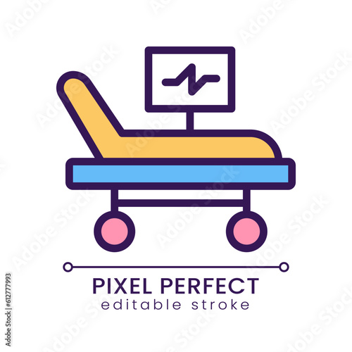 Intensive care bed pixel perfect RGB color icon. Resuscitation equipment. Life support. Monitoring device. Isolated vector illustration. Simple filled line drawing. Editable stroke. Poppins font used